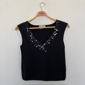 Kay Unger Black Sequin V-Neck Knit Sleeveless Top Celebration Wedding Women's XL